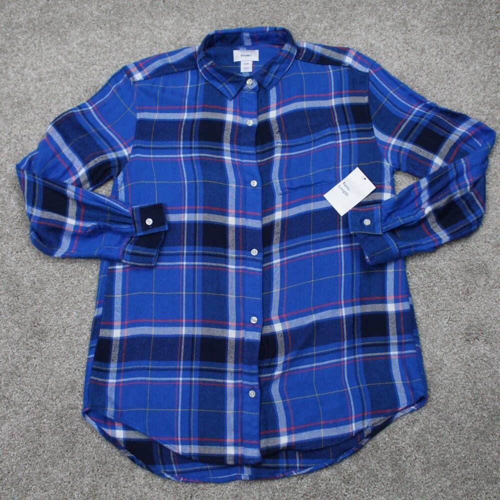 Old Navy Flannel Shirt NWT Girls XL (14) Blue Tartan‎ Plaid Tunic-Length L/S